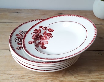 Vintage French/Soup plates/set of 6/rose decor/Badonviller earthenware/burgundy and white/France 1948