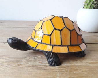 Vintage Tortoise lamp/Tiffany style night light/cast iron lamp/orange stained glass globe/France 80s