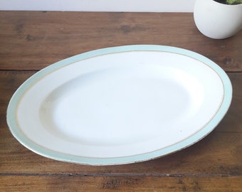 Vintage French/Large old oval dish/serving vegetable/white porcelain/green décor and gold border/France 1900