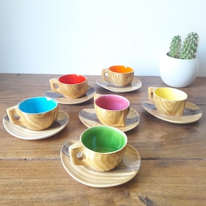 Vintage French/Vallauris coffee set/Grandjean Jourdan/art earthenware/6 cups and saucers/imitation wood decor/1950s