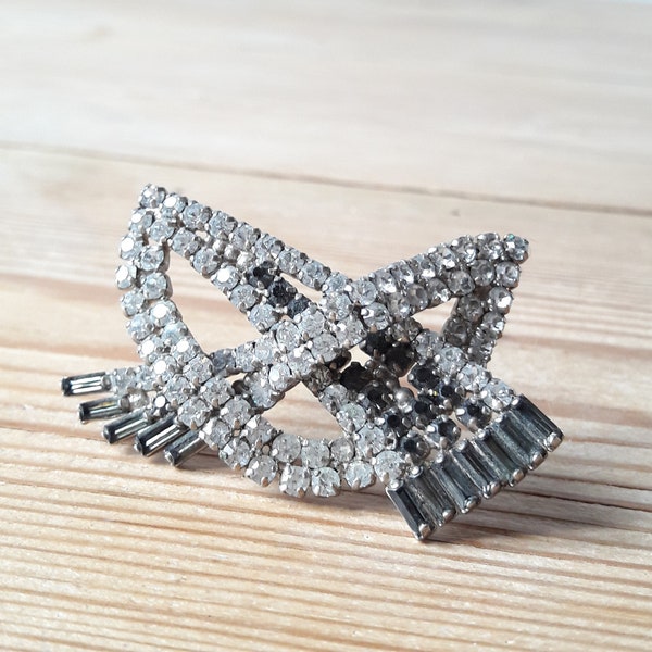 Broche vintage/bijou art déco/ruban de strass/noir et argent/Zirconiums/France années 40