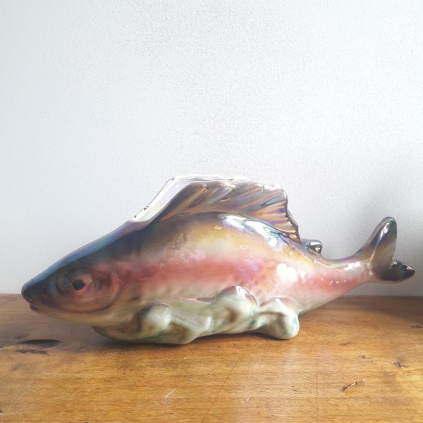 Francais vintage/Poisson en céramique/jardinière en faience irisée/décor de buffet/années 50