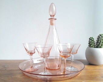 Vintage Franse/Art Deco Port Set/Geblazen Roze Glas/Karafblad en 4 Glazen/Jaren 50