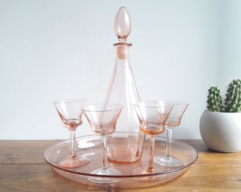 Francais vintage/Service à porto art déco/verre rose soufflé/plateau carafe et 4 verres/années 1950