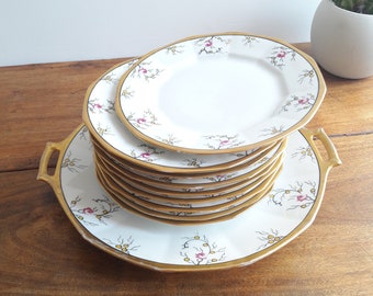 French vintage/Art Deco dessert service/signed PAILLET/Limoges porcelain/hand painted decor/highlighted with gold/dish and 9 plates/1930