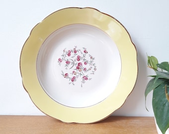 Vintage lunéville/large round dish hollow/vegetable in faience/gold yellow décor and pink flowers/ Sylvère model/France 1950