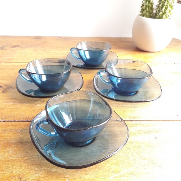 Francais vintage/tasses à café VERECO/tasses et sous tasses/lot de 4/verre trempé bleu/années 60