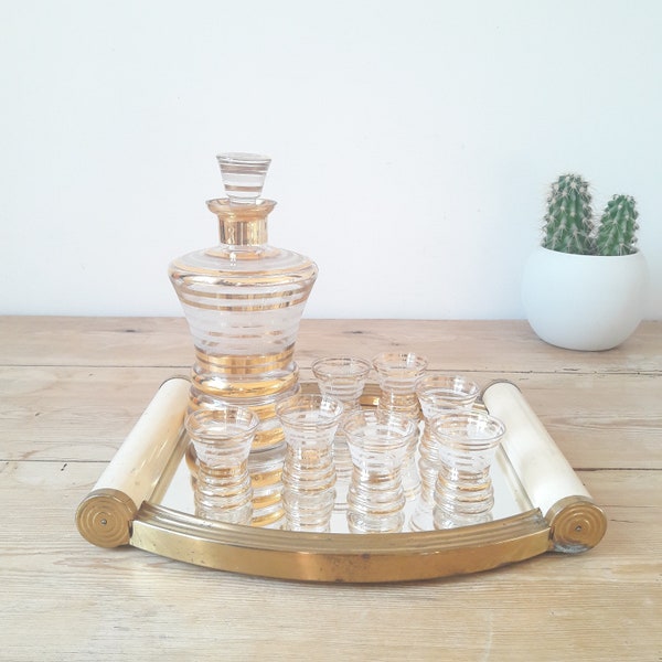 French vintage/Rare Liqueur service/art deco gilded glass/carafe tray and 8 glasses/1950s