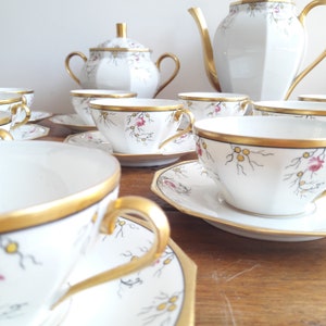 Vintage French/Art Deco tea set/signed PAILLET/Limoges porcelain/hand-painted decoration/embellished with gold/22-piece set/1930