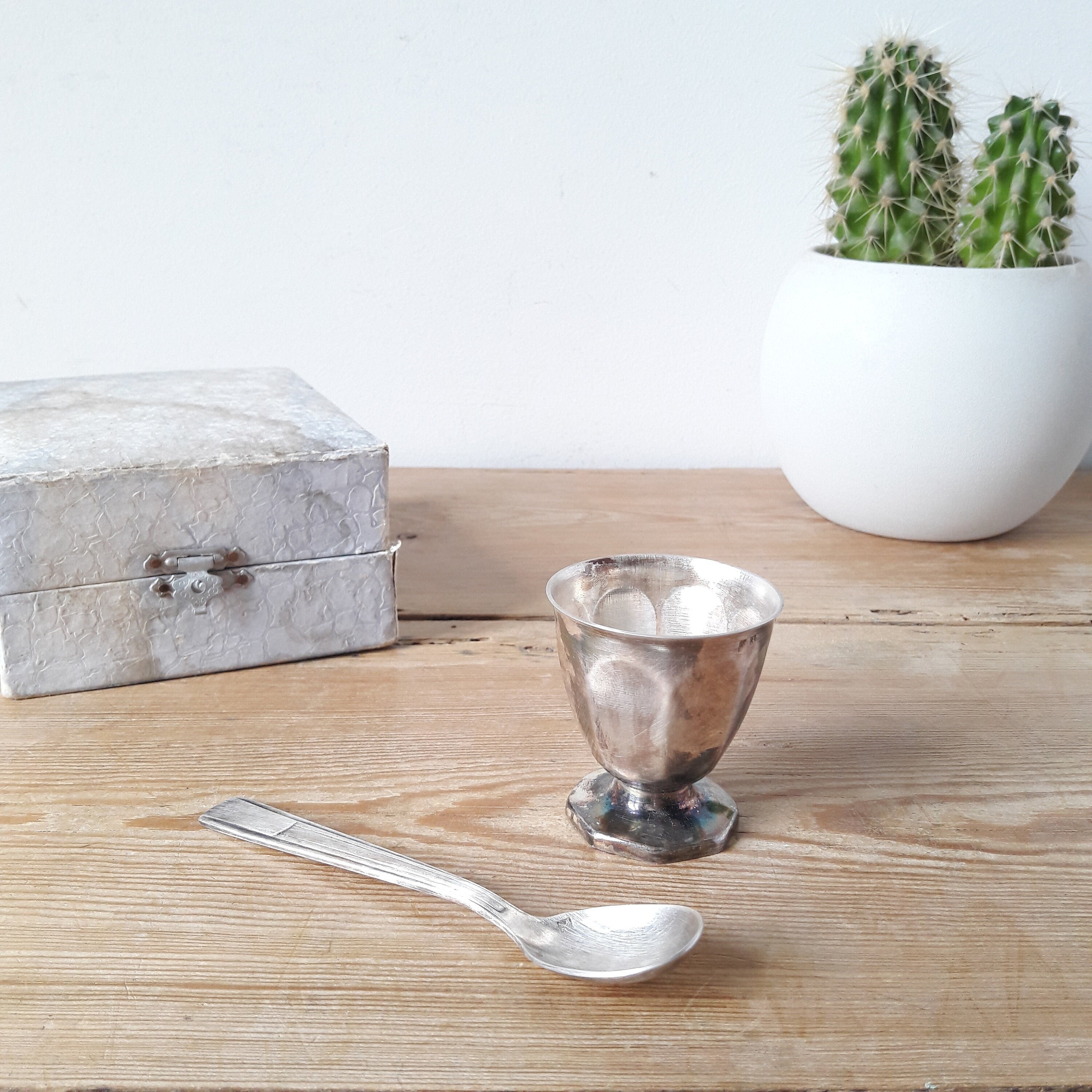 Francais Vintage/Coffret Coquetier et Cuillere/Argent Poinconné/style Art Déco/Cadeau de Baptême/Fra