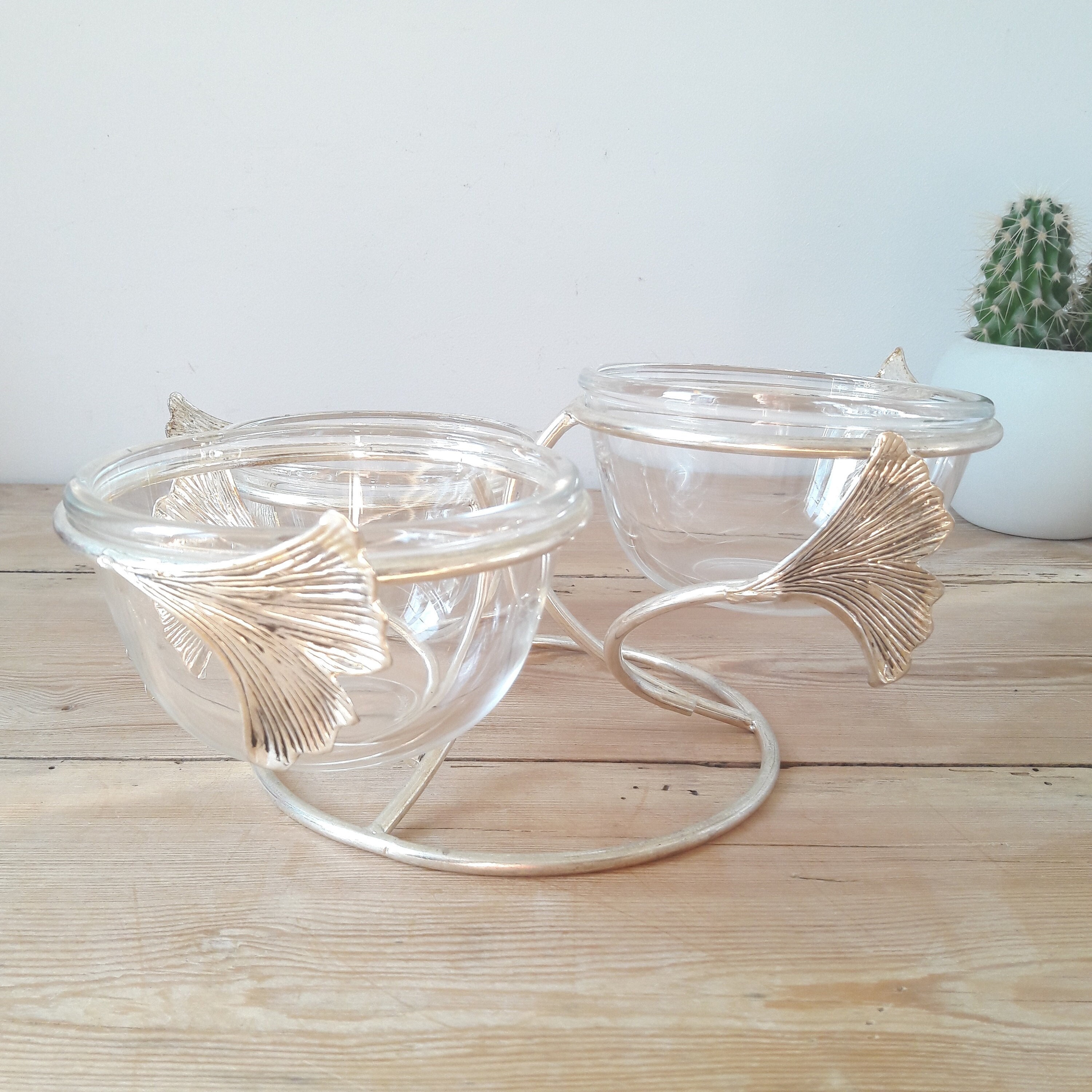 Francais Vintage/Serviteur Luminarc/3 Bols en Verre/structure Métal Argent/Décor Feuilles de Ginkgo/