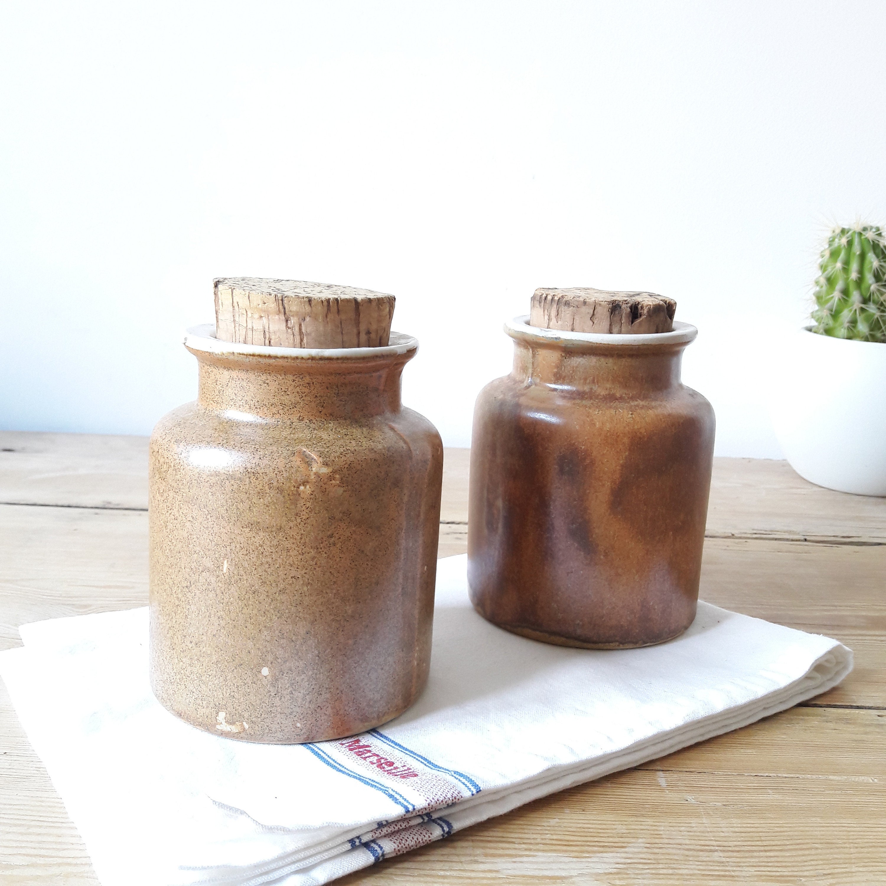 Pots à Moutarde Anciens/Grès Vernissé Francais /Bouchons en Liège/Ensemble de 2/Années 40