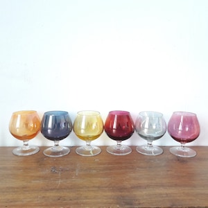 Vintage English/Colored Crystal Glasses/Art Deco Liquor Glasses/Colored Blown Glass/Clear Foot/Set of 6/50s