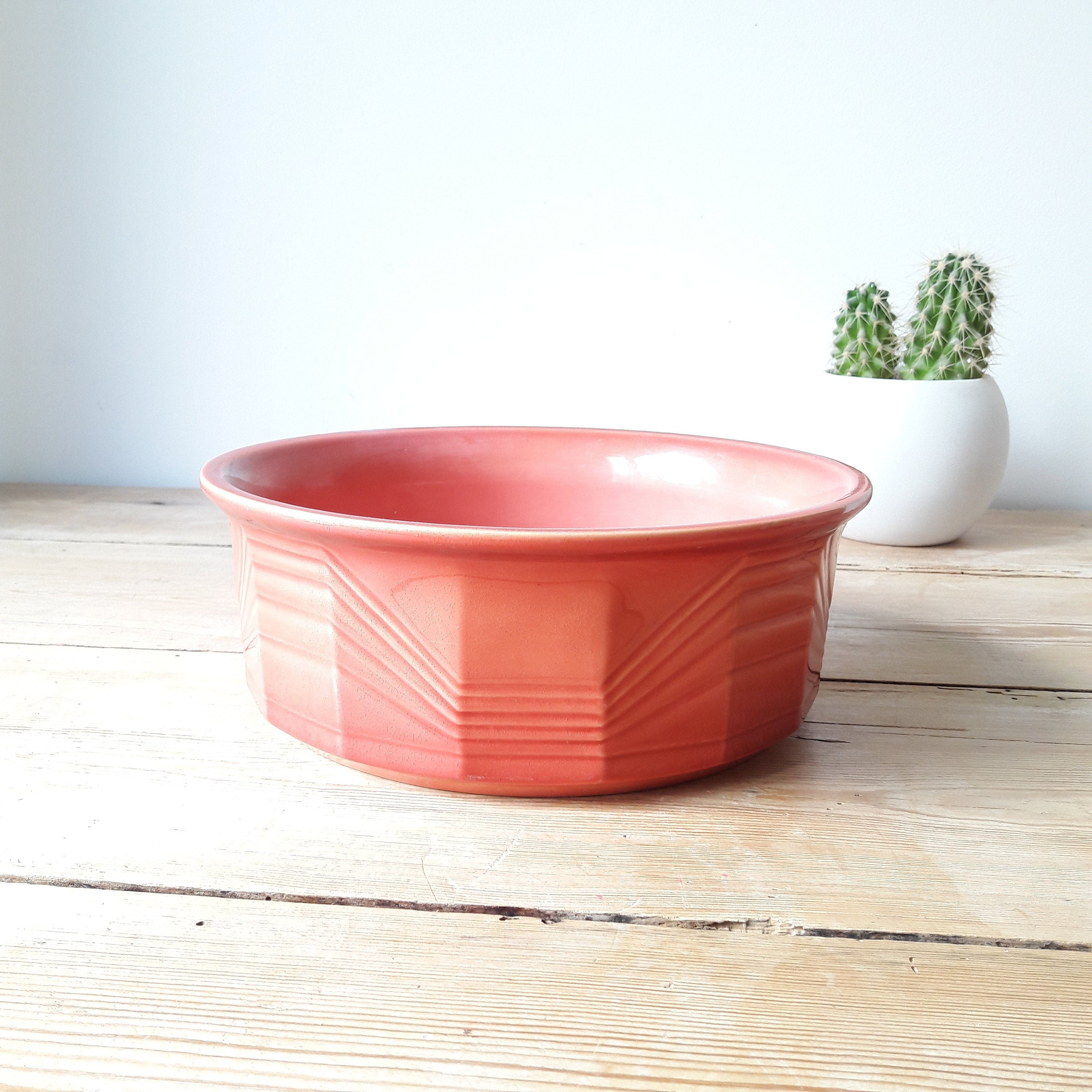 Saladier Vintage/Plat A Terrine Art Déco/Faience Emaillée/Couleur Terracotta/Decor Géométrique/Franc