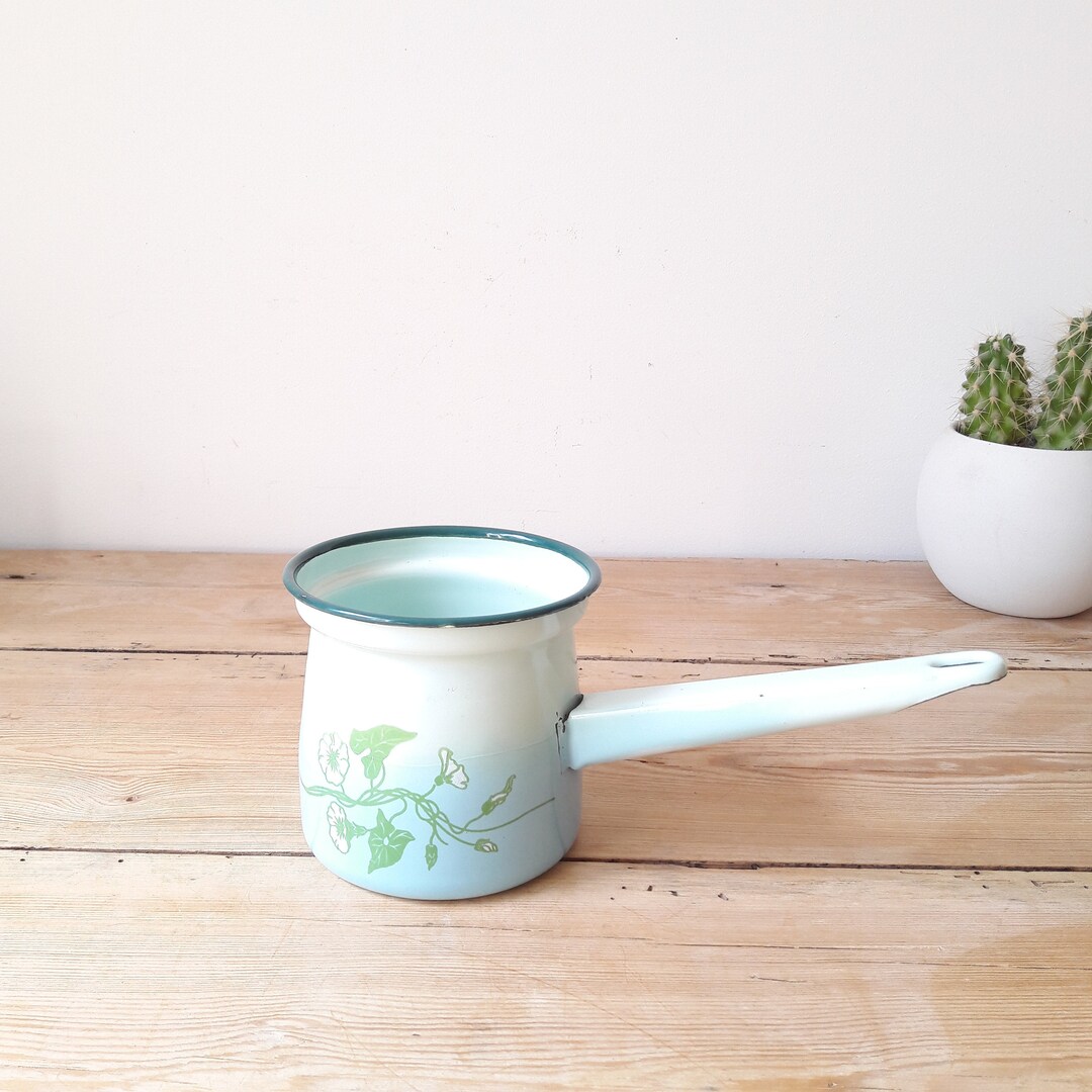 Paint Pitcher Vintage French/metal Milk Jar/decorated Blue Enamel/green Foliage Paint ...