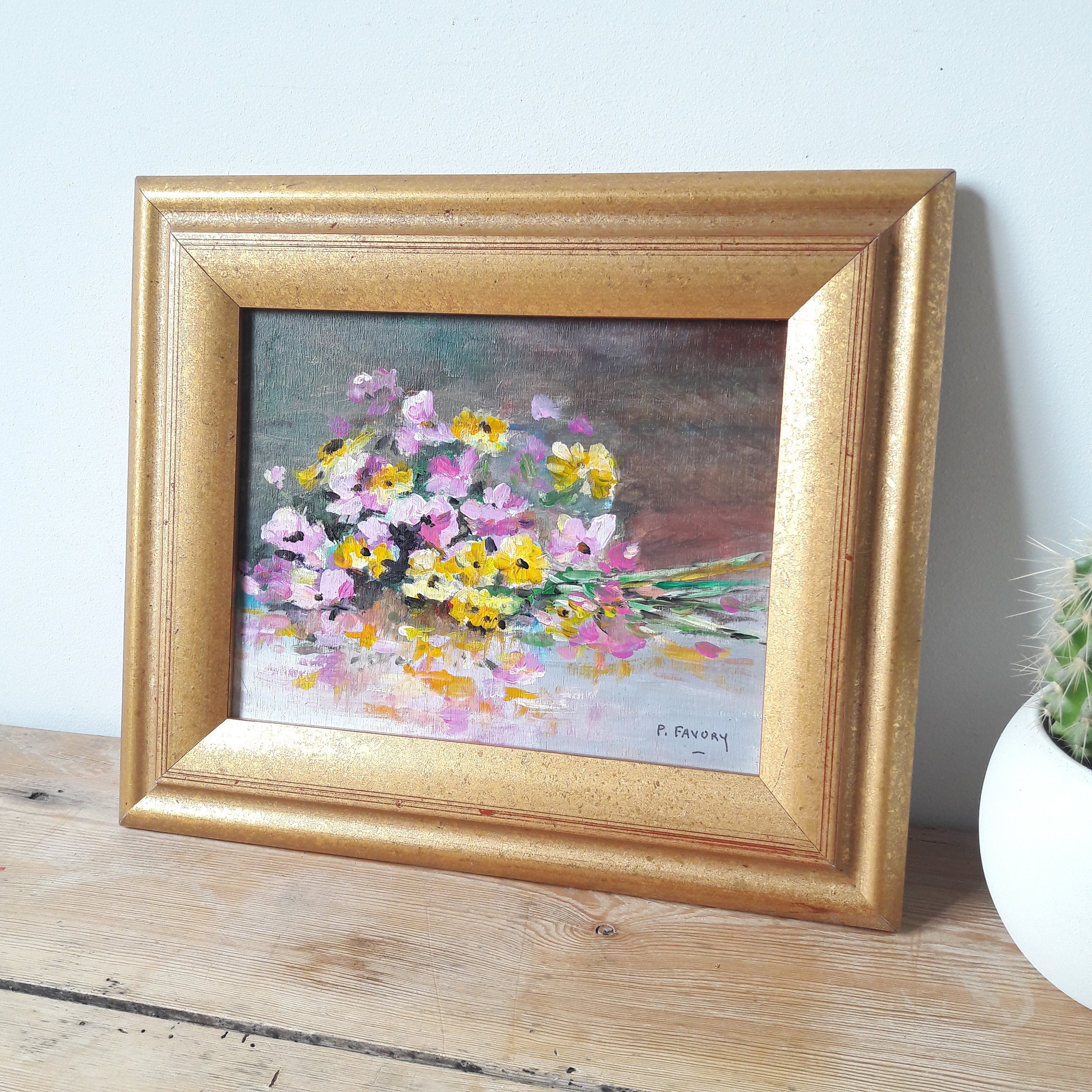 フランスヴィンテージ/ポール・ファボリ署名入り絵画/木に油彩/花束の