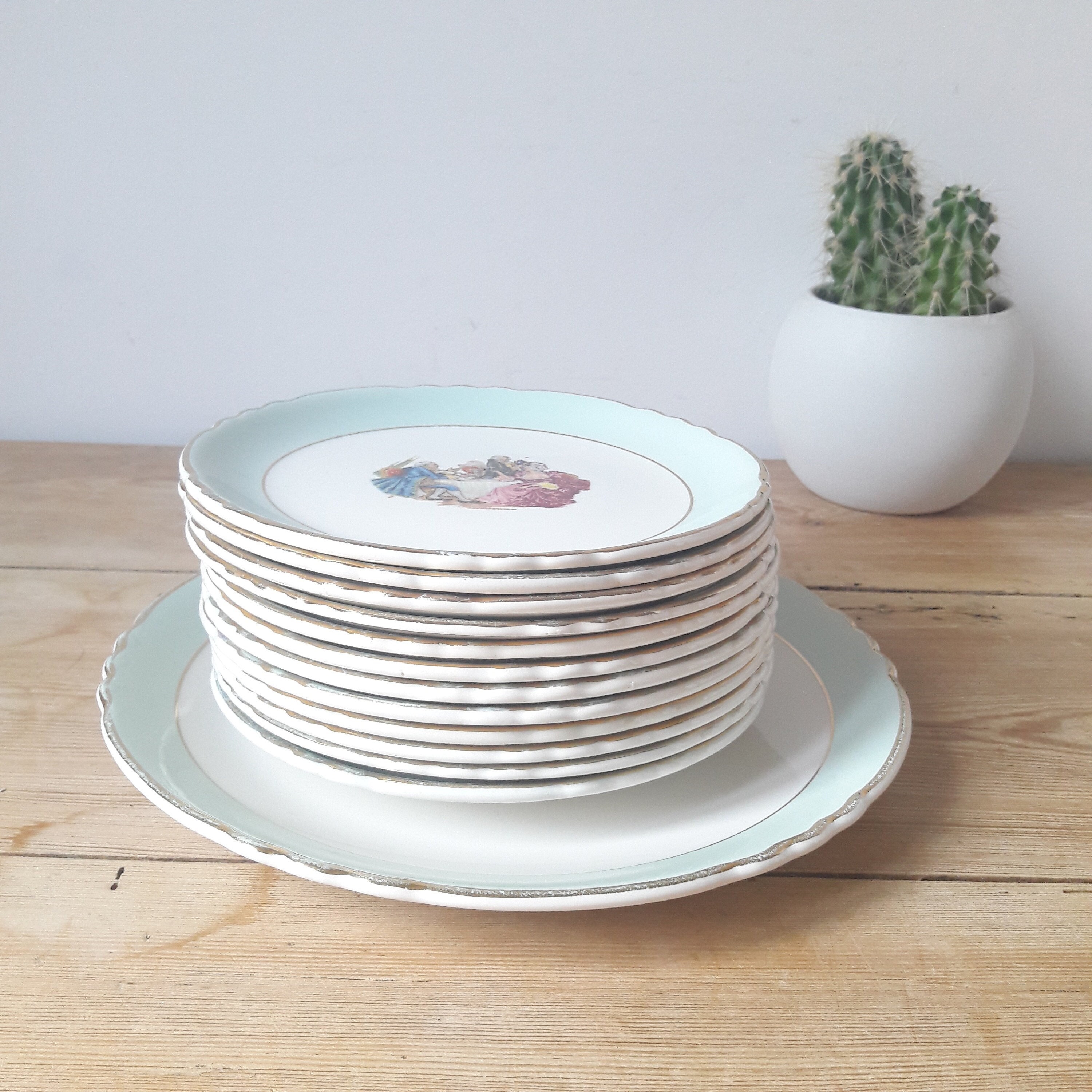 Francais Vintage/Service à Dessert Complet/Décor Scennette Romantique/Plat et 12 Assiettes/Faience d