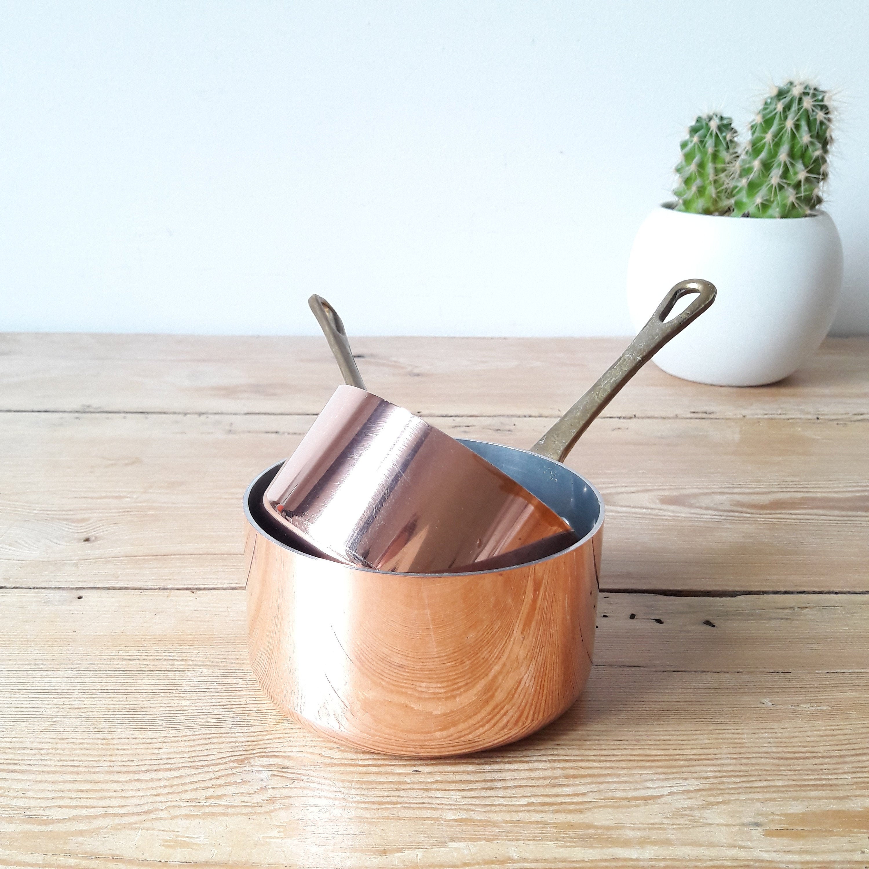 Casseroles en Cuivres/Francais Ancien/Lot de 2/Cuivre Étamé/Manche Laiton/Années 60