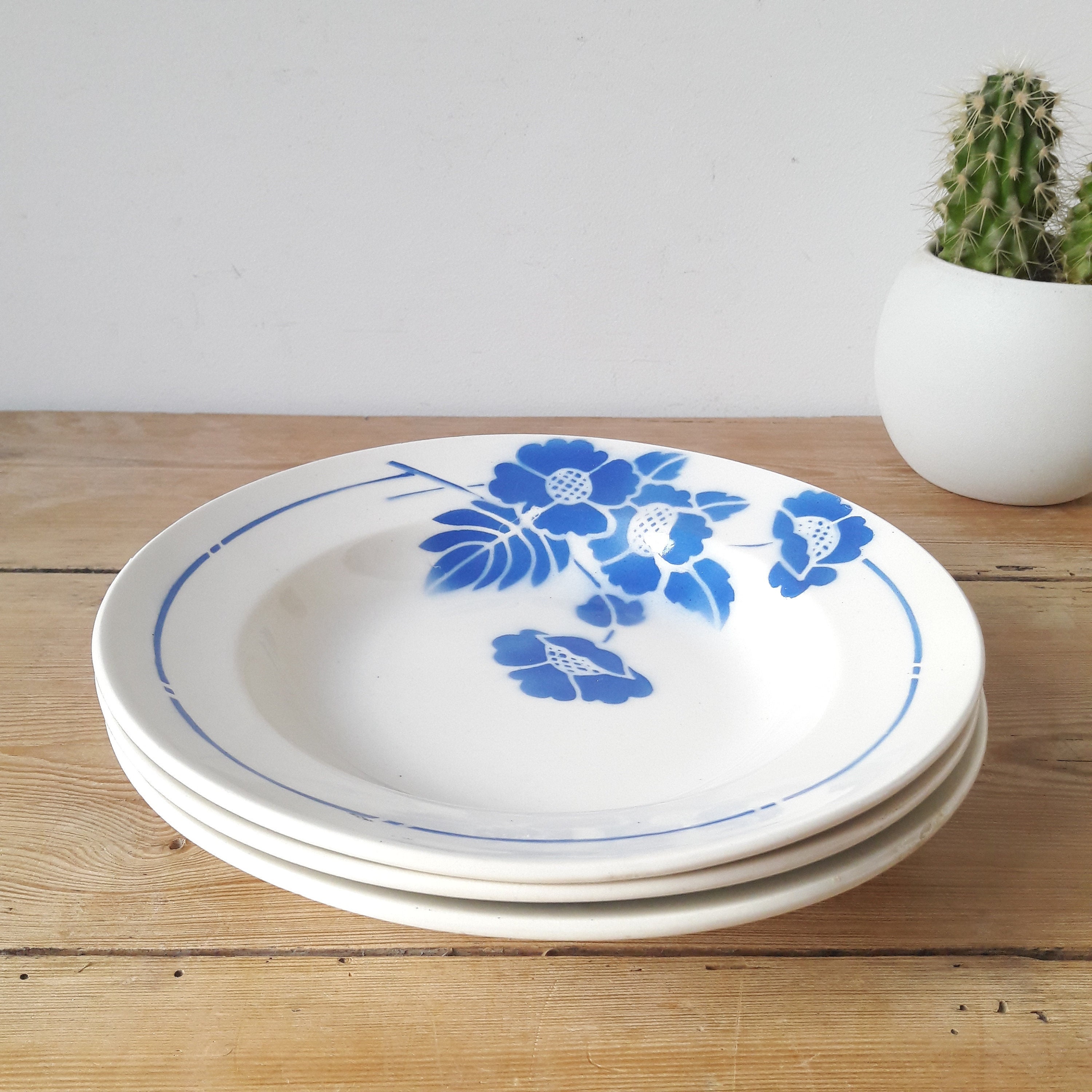Francais Vintage/Assiettes Creuses Art Déco/Porcelaine Blanche/Décor Edmond à Fleurs Bleues/Moulin D