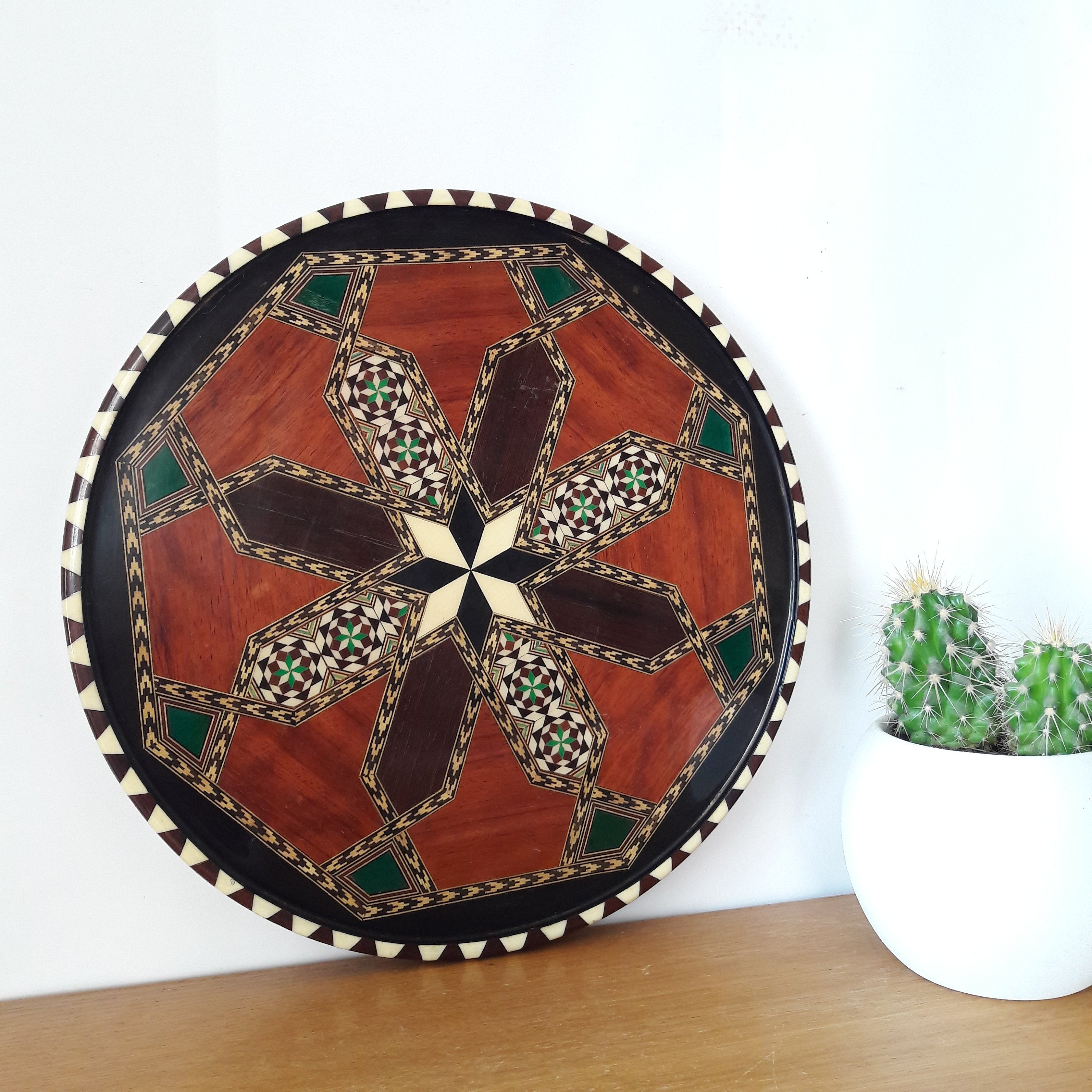 Plateau Oriental Vintage en Marqueterie Artisanale de Bois et Corne, Syrie