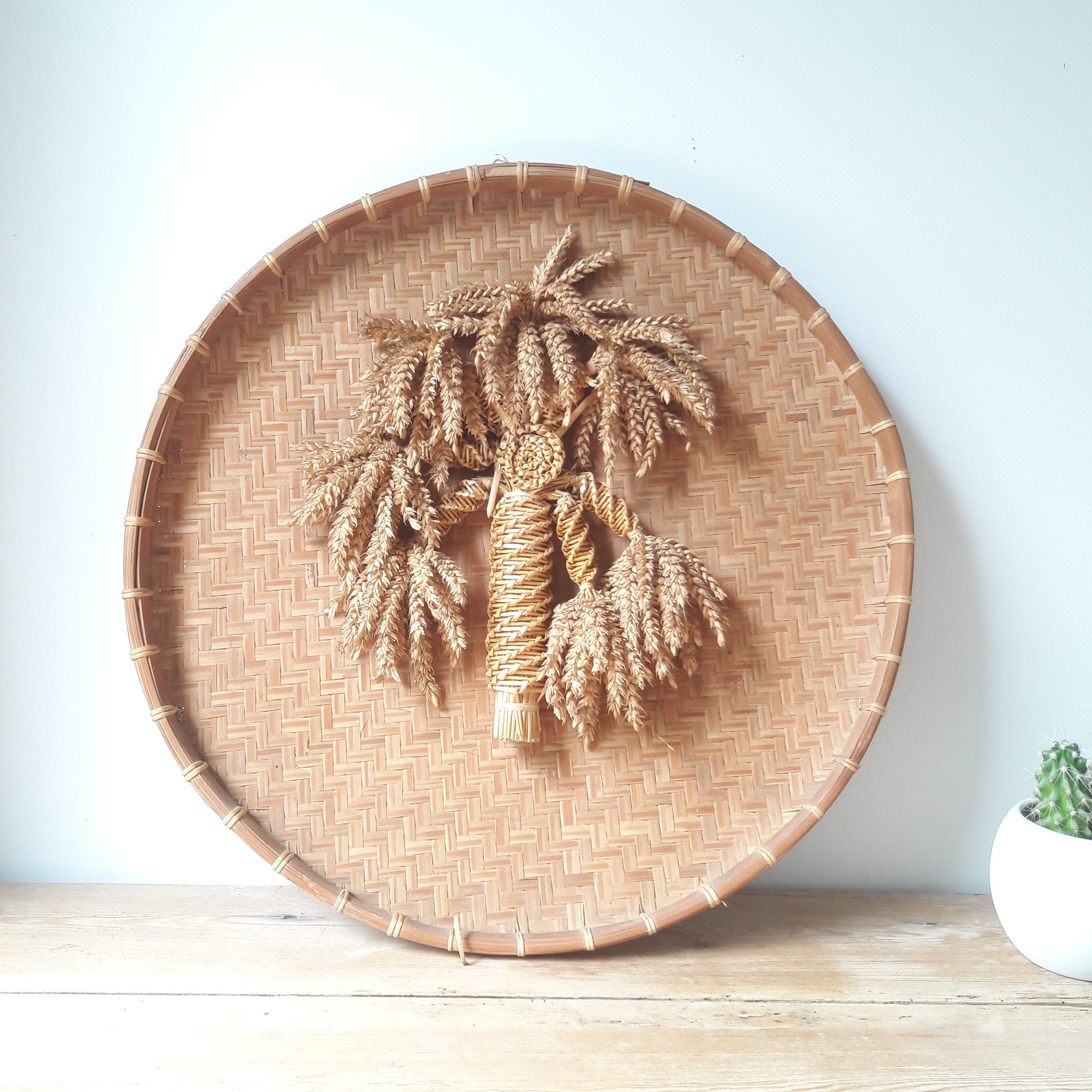 Plateau Décoratif Vintage/Décoration Murale/Bambou Tressé/Epis de Blés/Vannerie Artisanale/Années 50