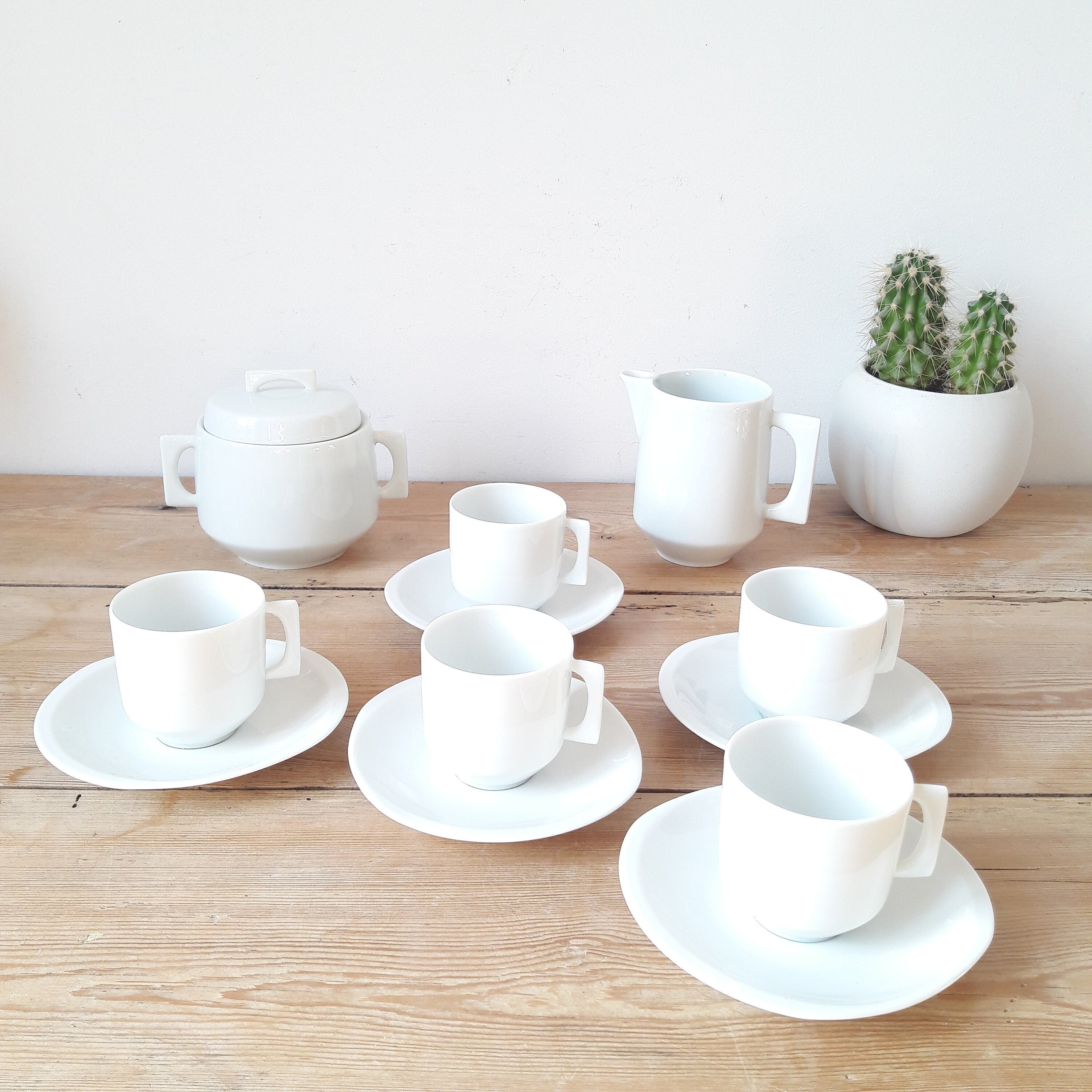 Limoges Art Déco/Service à Café Vintage/12 Pièces/Porcelaine Blanche/style Moderniste/France 1960