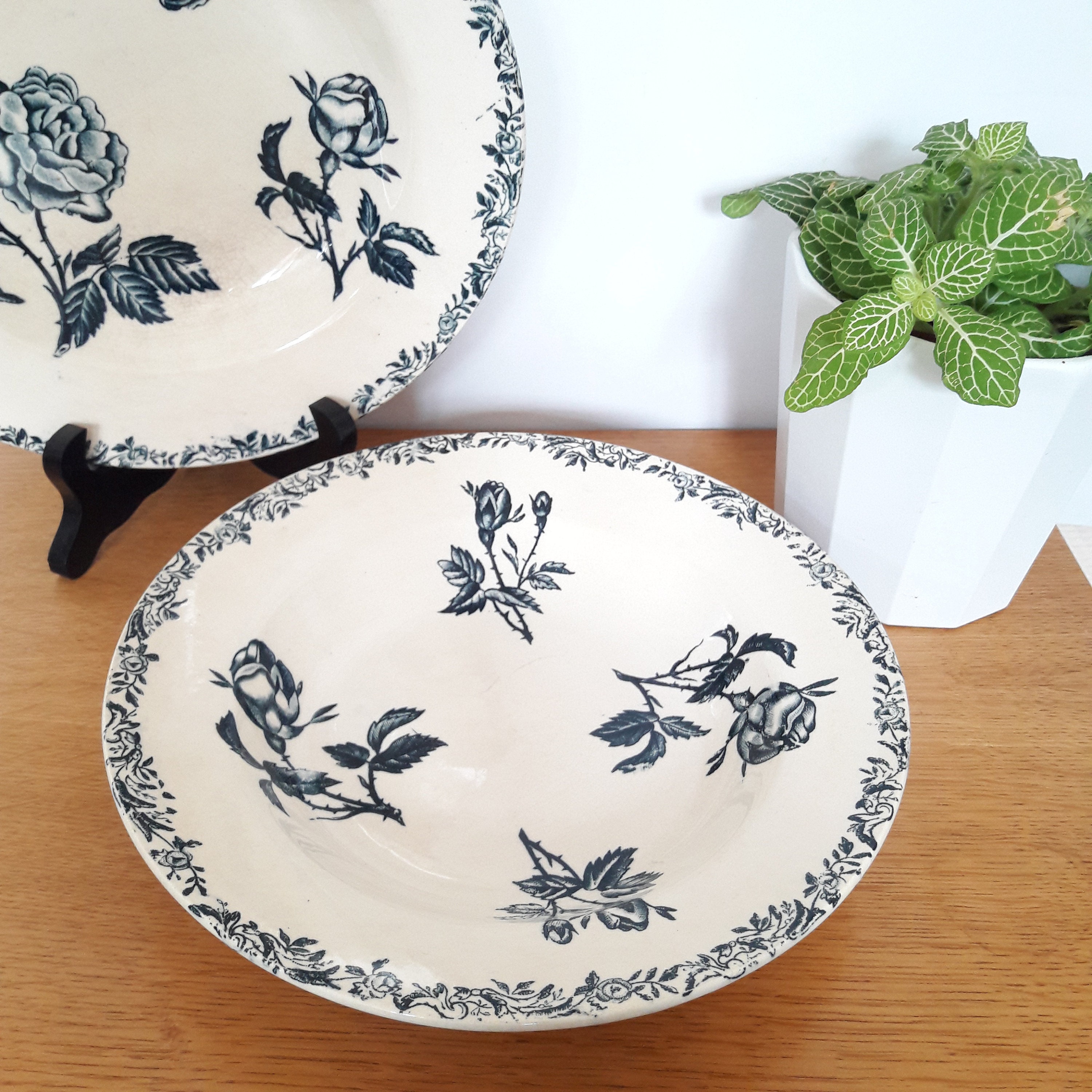 Assiettes Terre de Fer Vintage/Paire d'assiettes Creuses/Art Nouveaudécor Fleur Au Transfert Bleu/Fr