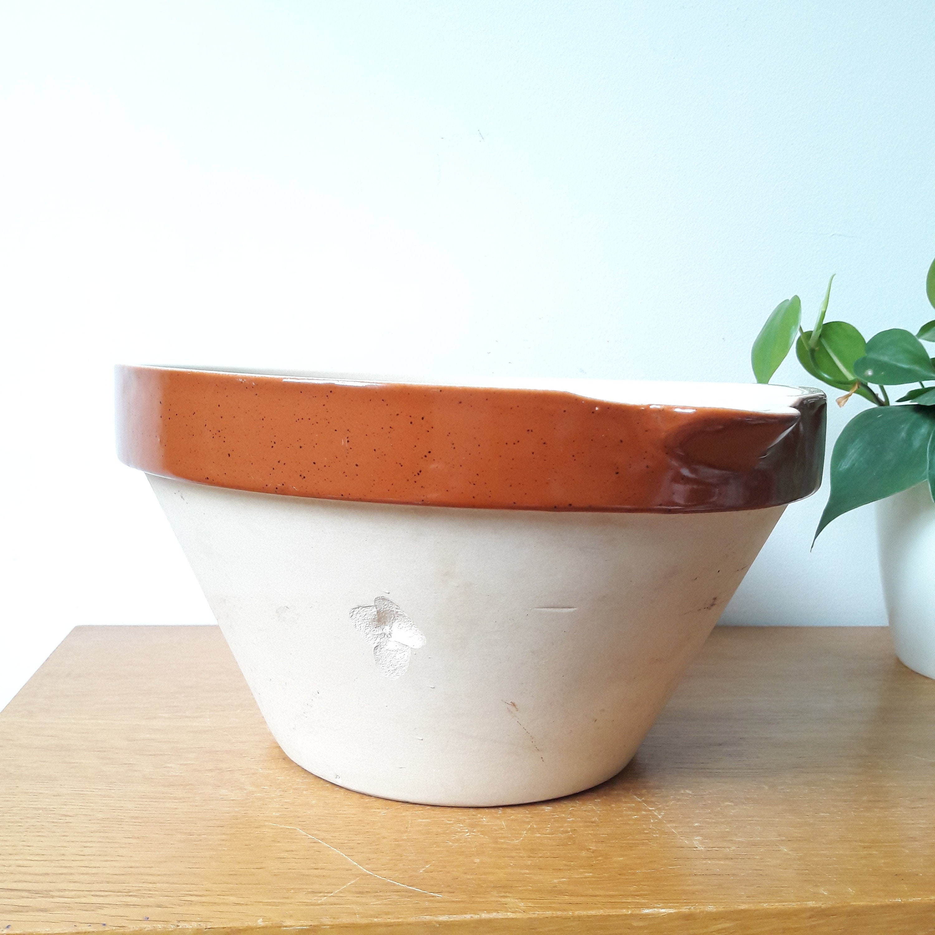 Saladier Vintage/Grès Émaillé/Grande Jatte en Céramique/ Beige et Marron/France 1960