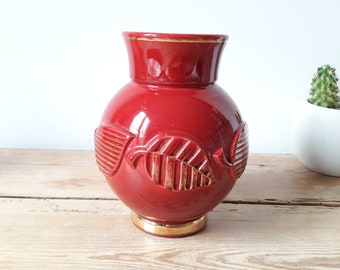 Vase vintage en céramique/barbotine art déco/faience émaillée/rouge et or/France 1950