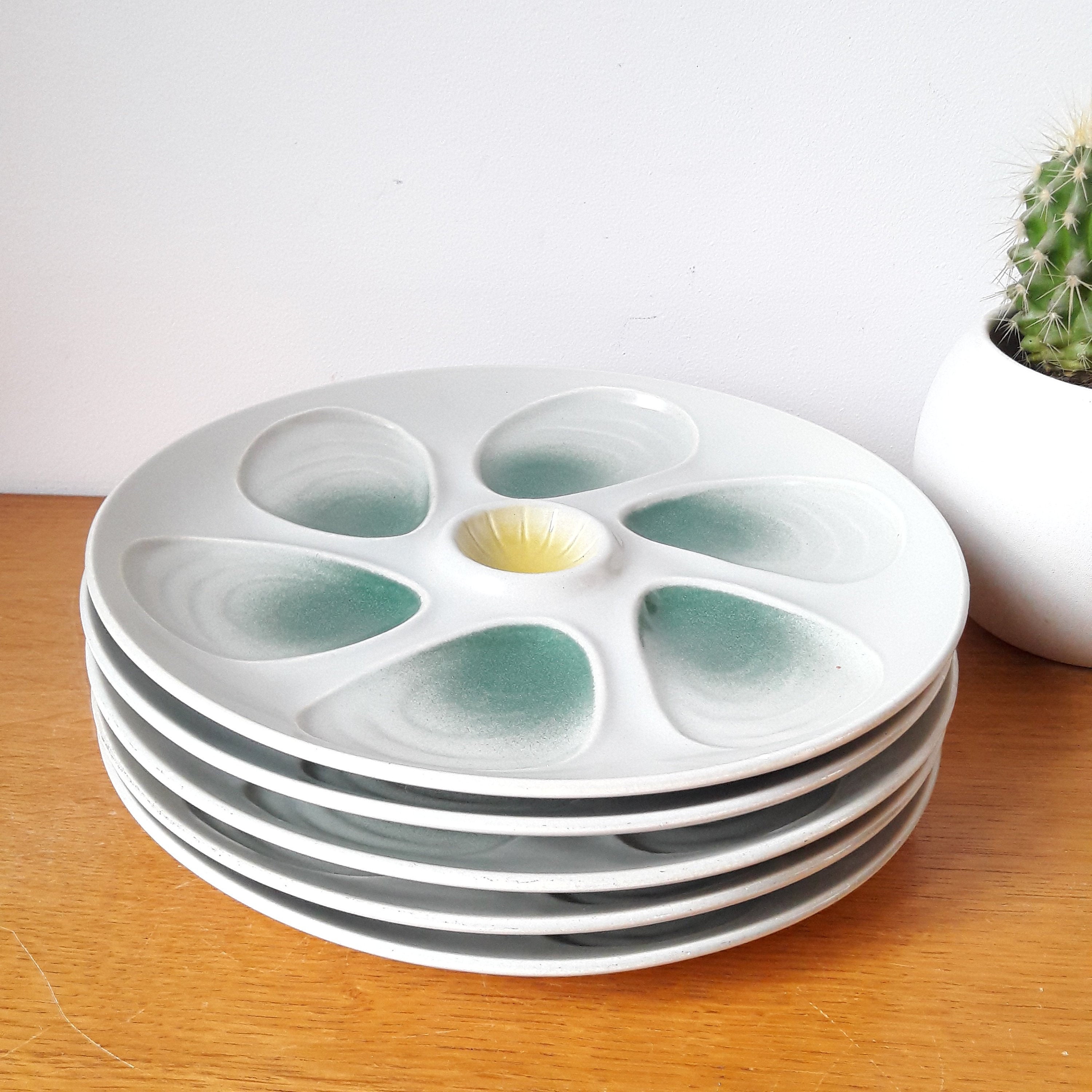 Assiettes A Huitres Vintage/Faience de Salins/Vert et Jaune/Barbotine Coquillage/Lot 5/France Années