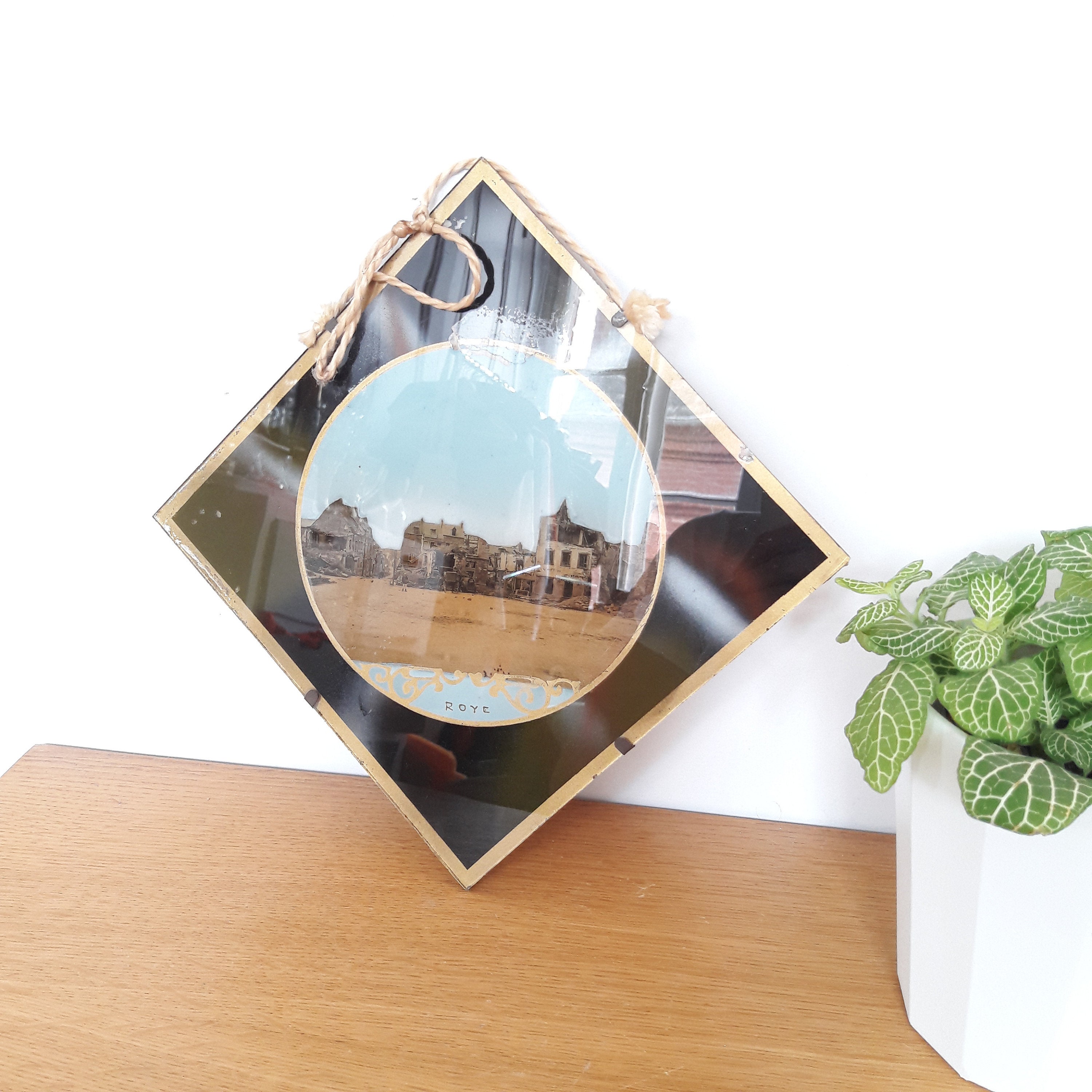 Cadre Francais Ancien, Souvenir de La Ville Roye, Verre et Métal 1920