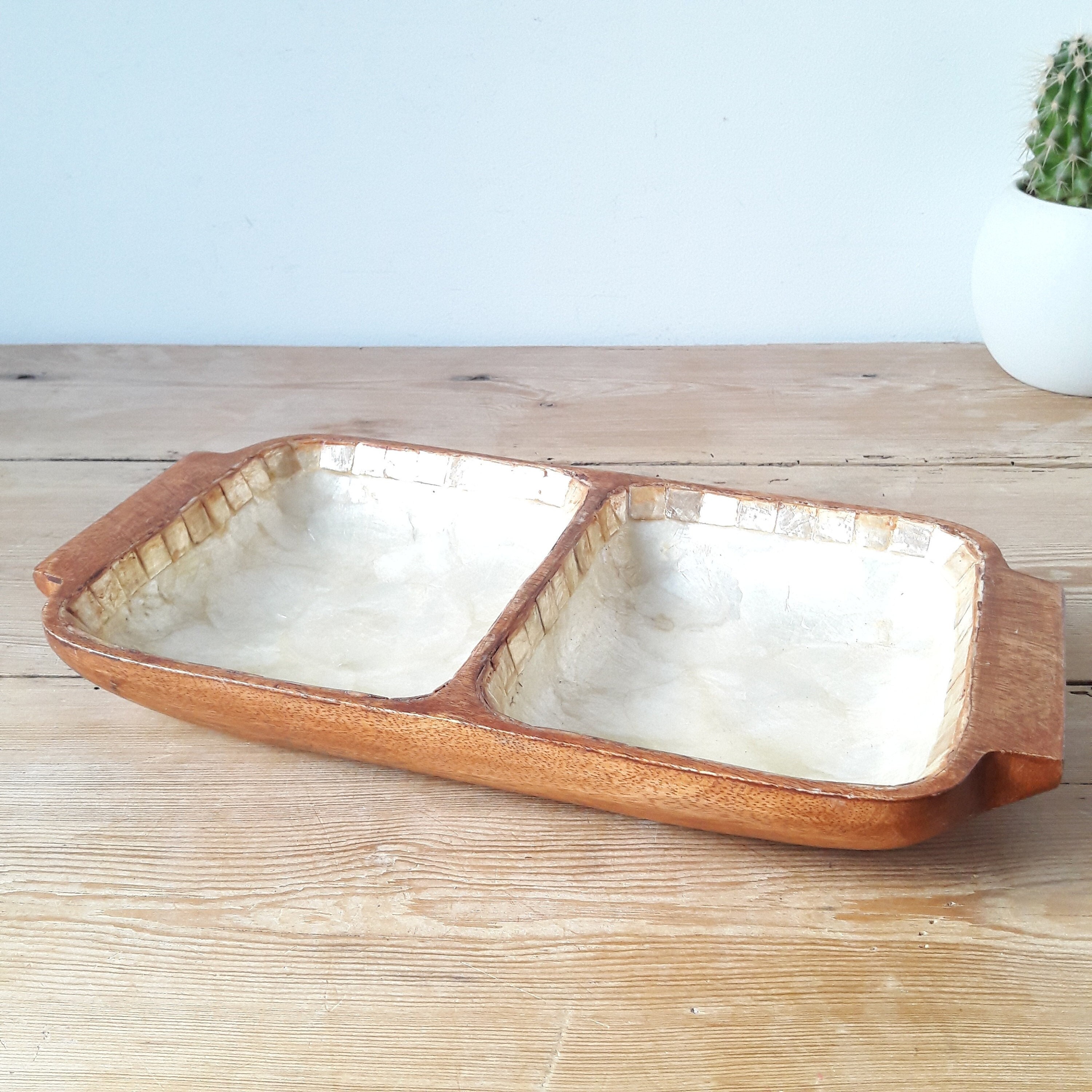 Capiz Vintage/Vide Poche en Bois et Nacre/Coupelle 2 Compartiments/Teck Capiz/France Années 70