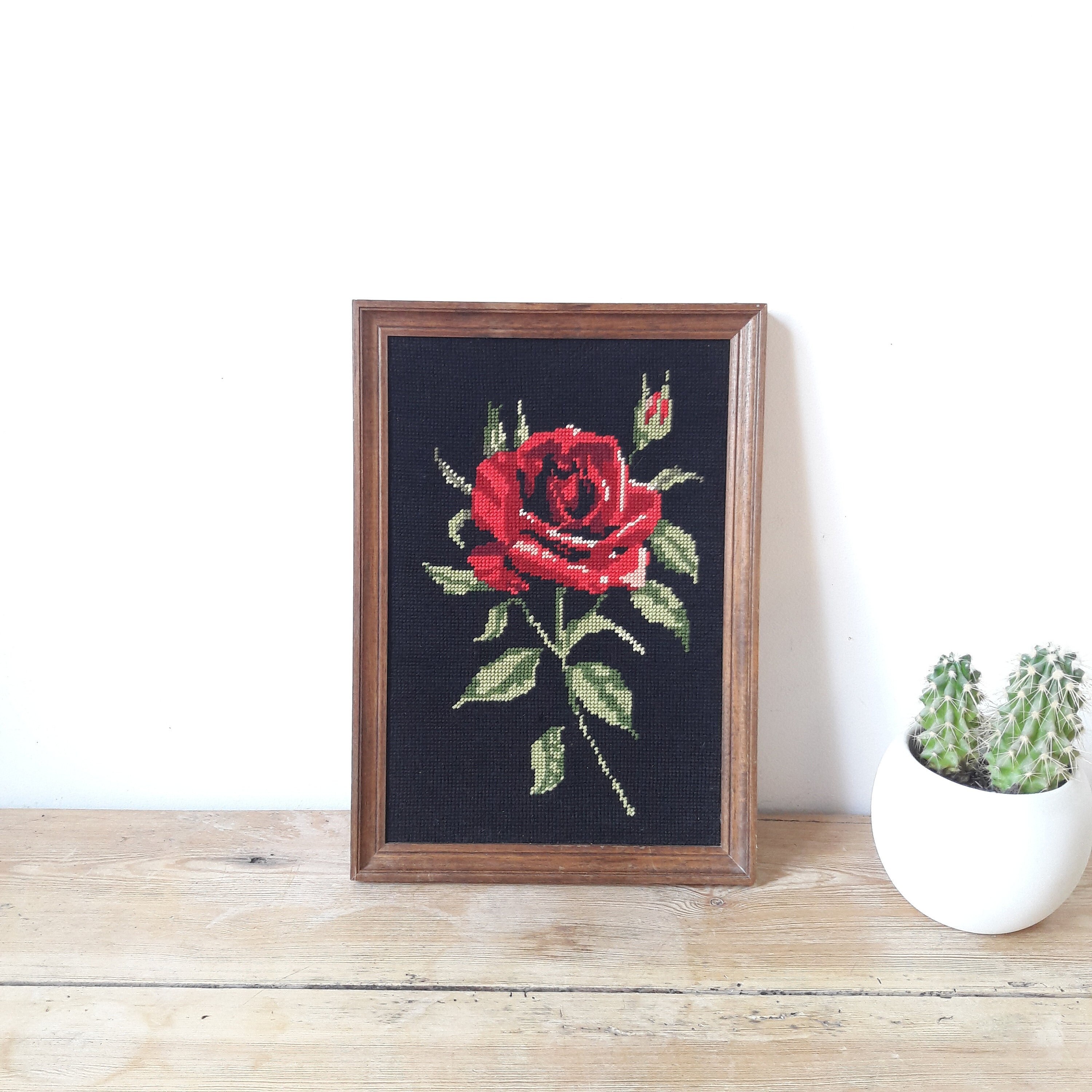 Francais Broderie Vintage/Canevas de Fleur/Cadre Mouluré Rectangulaire/Bois Verni/Fait à La Main/Ros