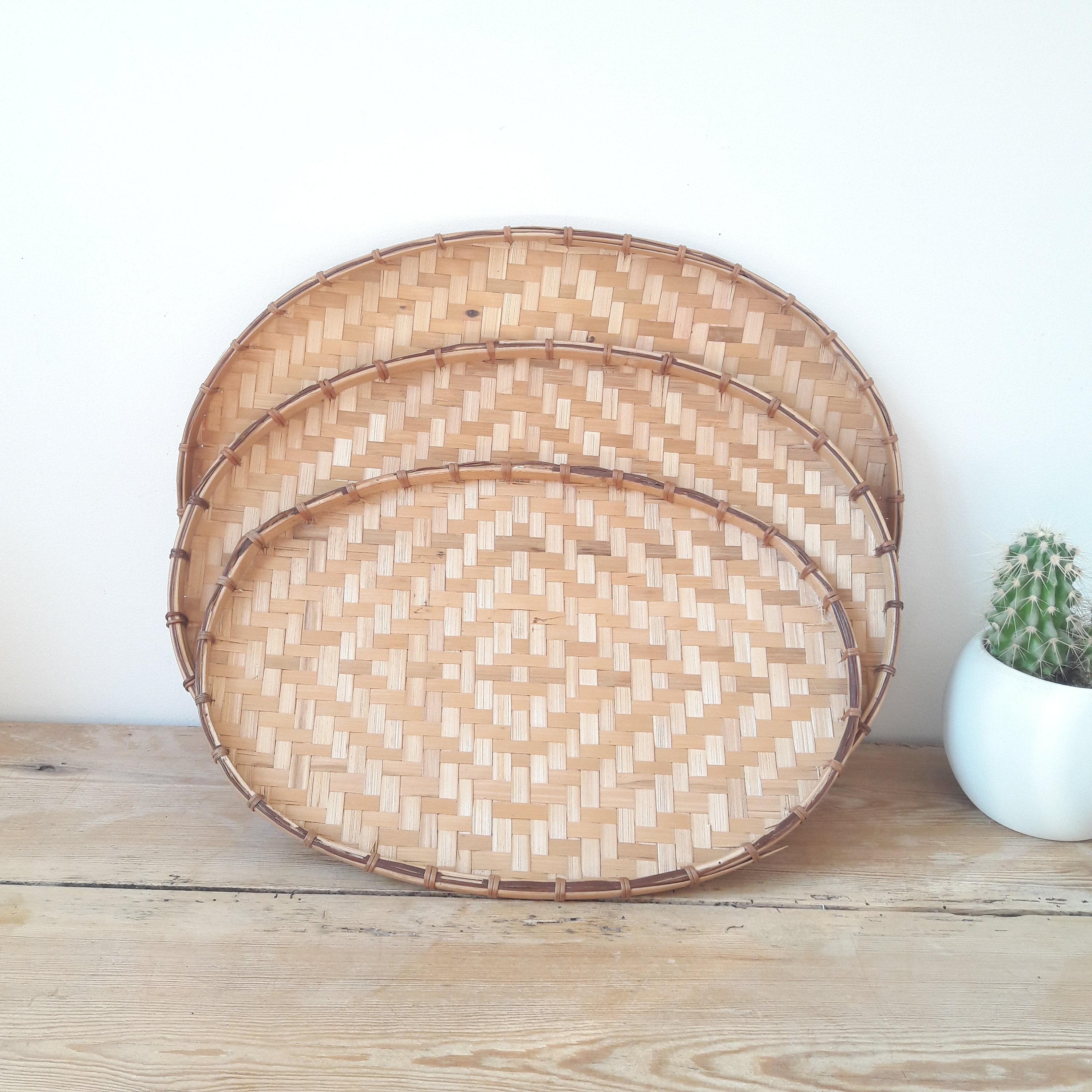 Plateaux Vintage/Décoration Murale/Lot de 3/Bambou Tressé/Feuilles Palmier/Vannerie Artisanale/Thail
