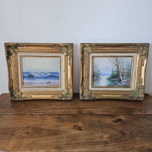 Francais vintage/pair of paintings/oils on canvas/frames resin gilded/landscape sea and mountain/marie Louise in linen/1970