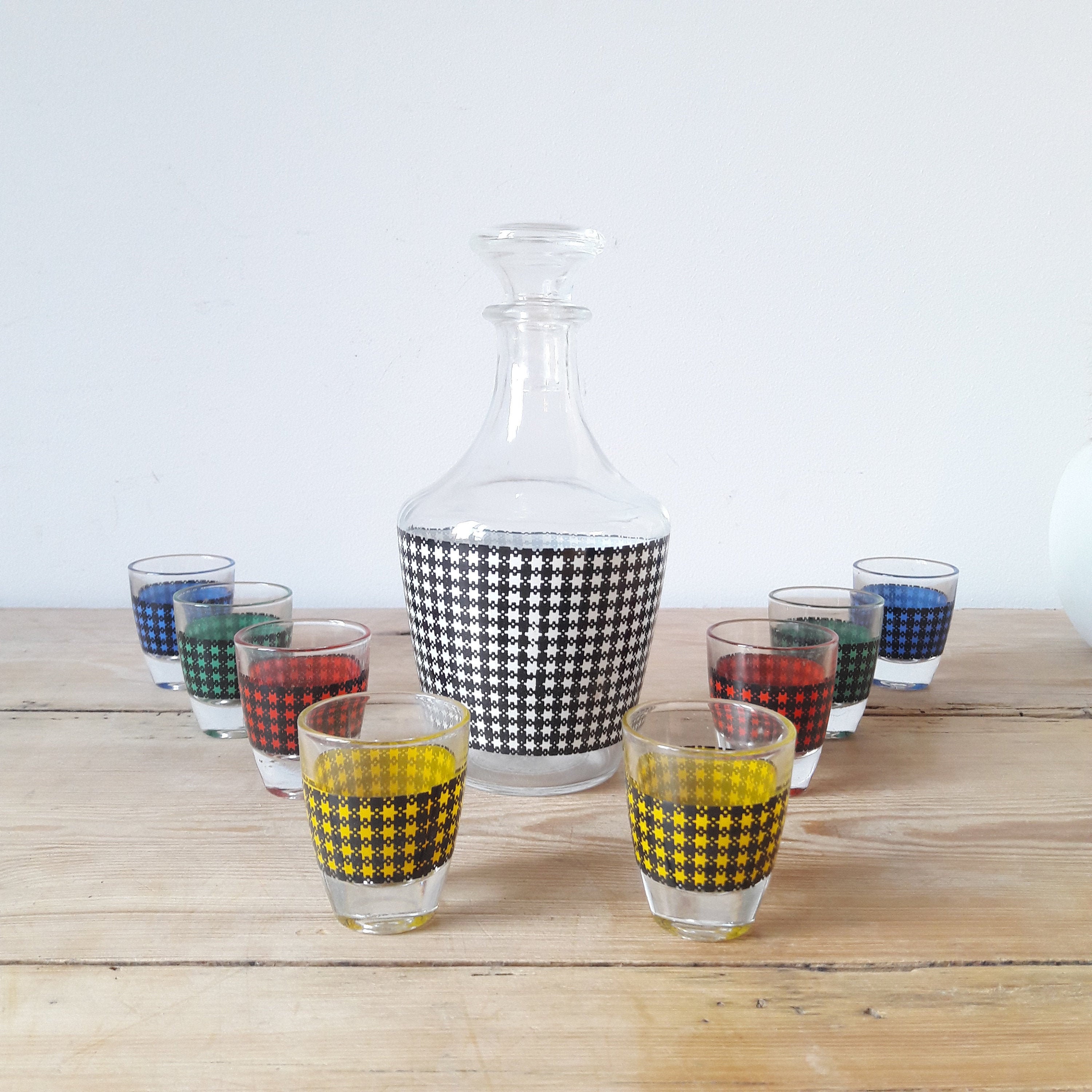 Service à Liqueur Vintage/Décor Pied de Poule/Carafe et 6 Verres Imprimés/France 1950