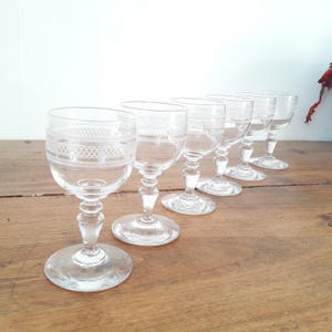 Antique French/6 Crystal Glasses/Baked Wine Glasses/Engraved Frieze Decor/Set of 6/Empire Style/XIXth