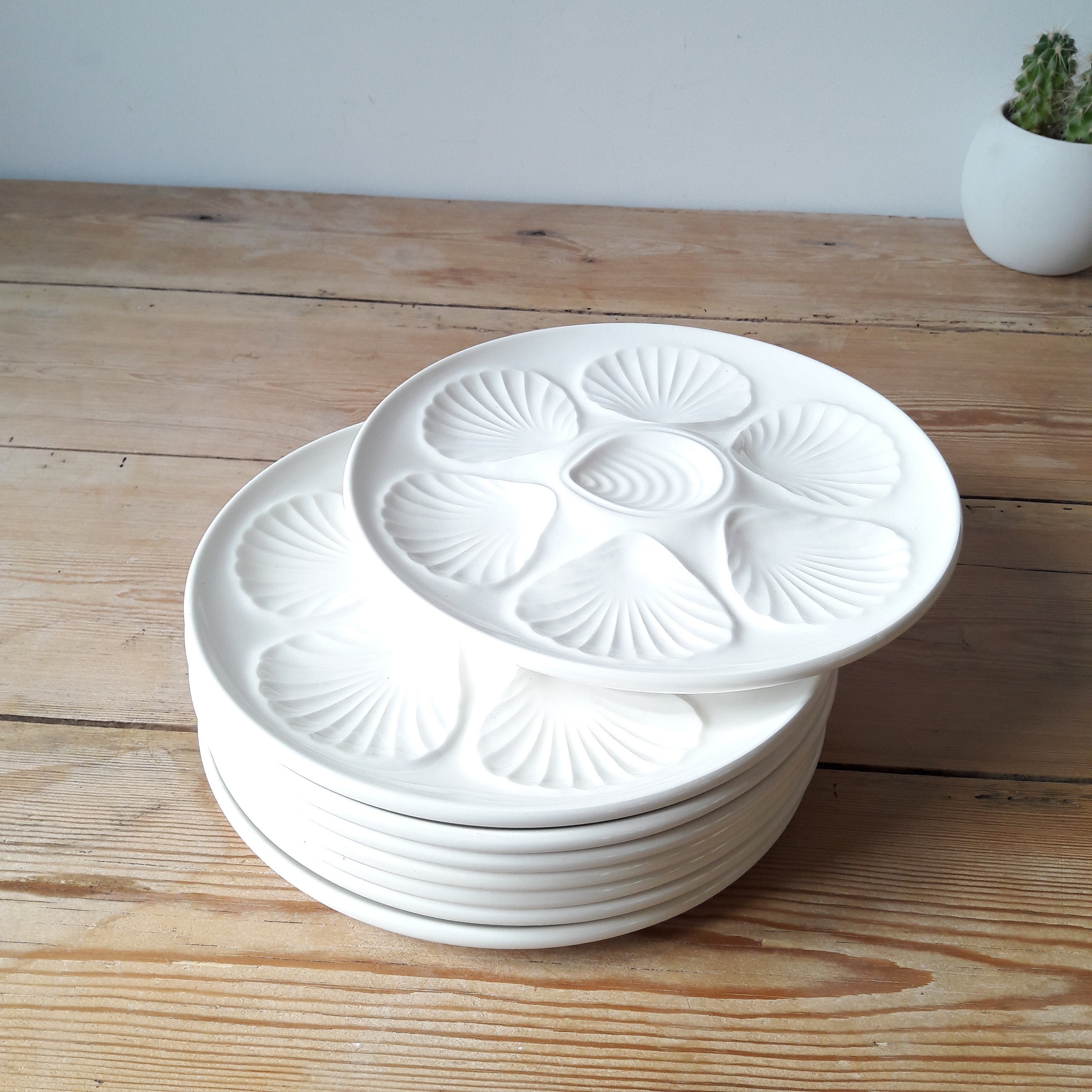 Assiettes A Huitres Vintages/Barbotine Blanche/Orchies Moulin Des Loups/Barbotine Coquillage/Lot de 