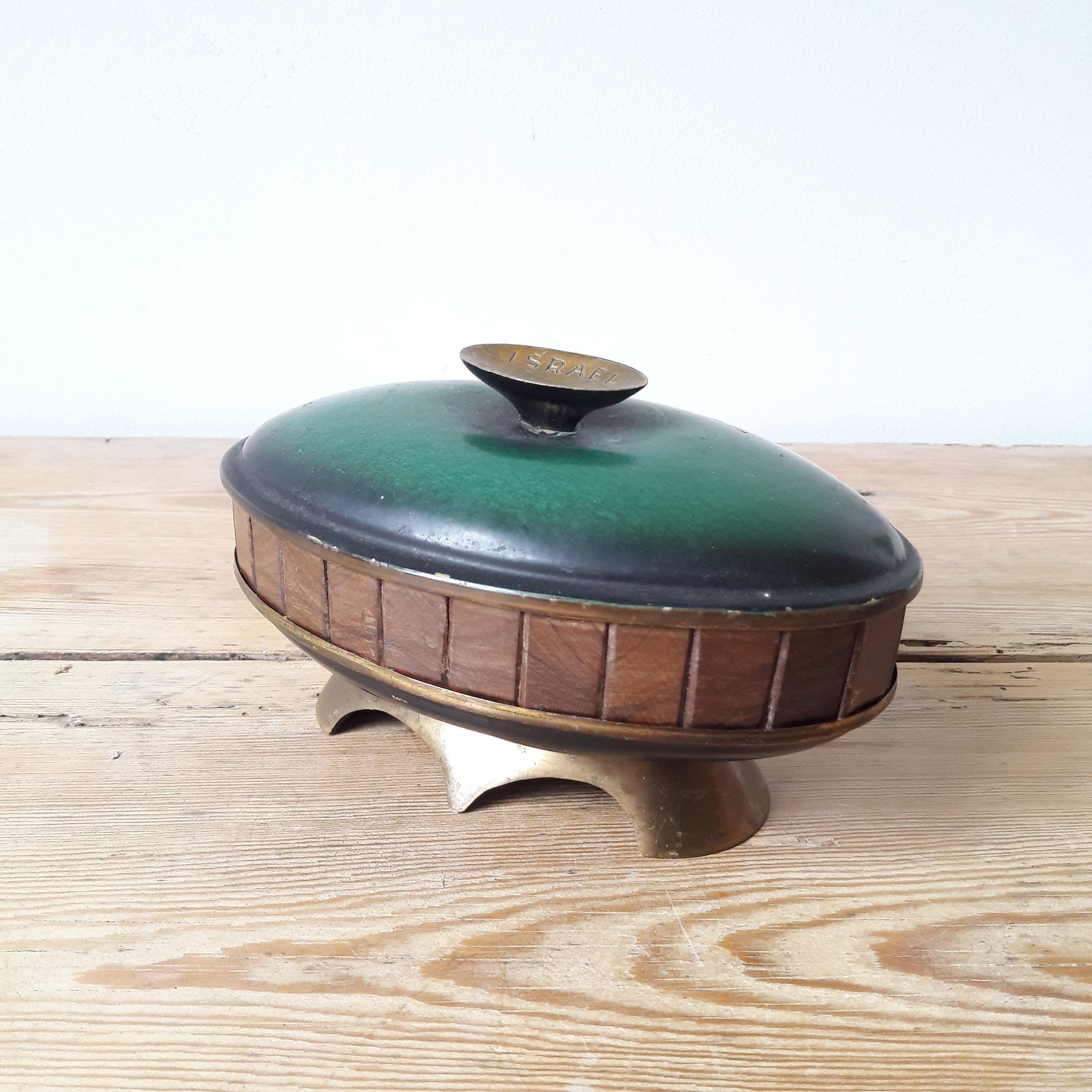 Boîte à Bijoux Vintage en Métal et Bois Israelienne Années 60