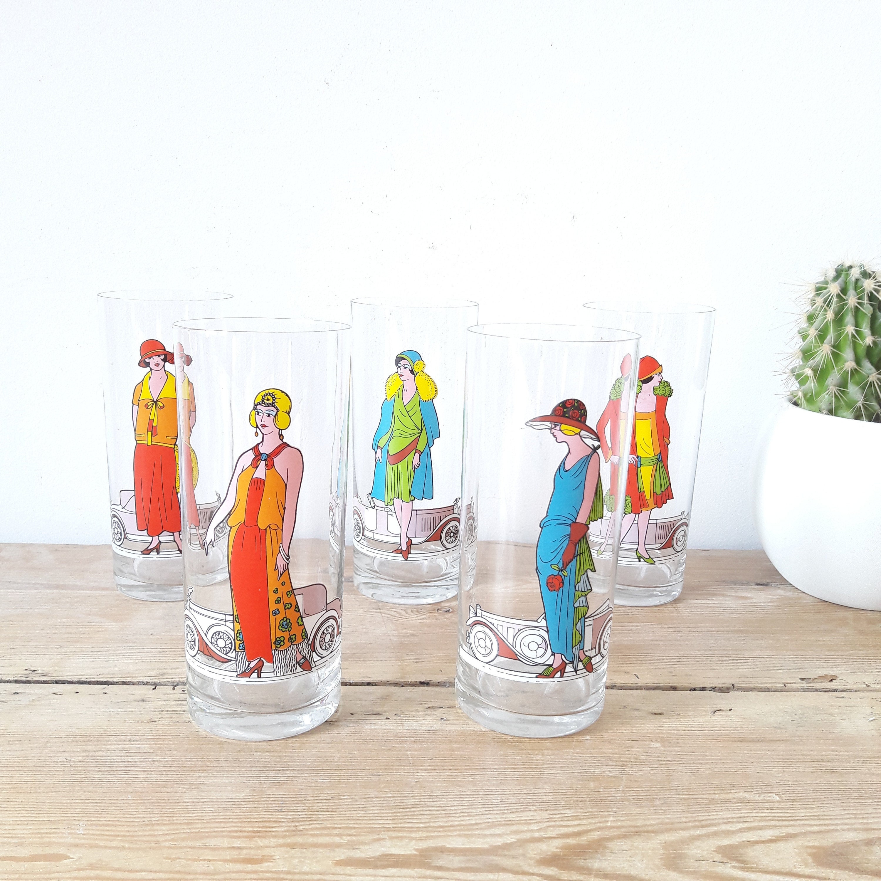 Francais Vintage/Verres Tube/style Art Déco 1920/Décor Femmes et Voiture/Lot de 5/France Années 70