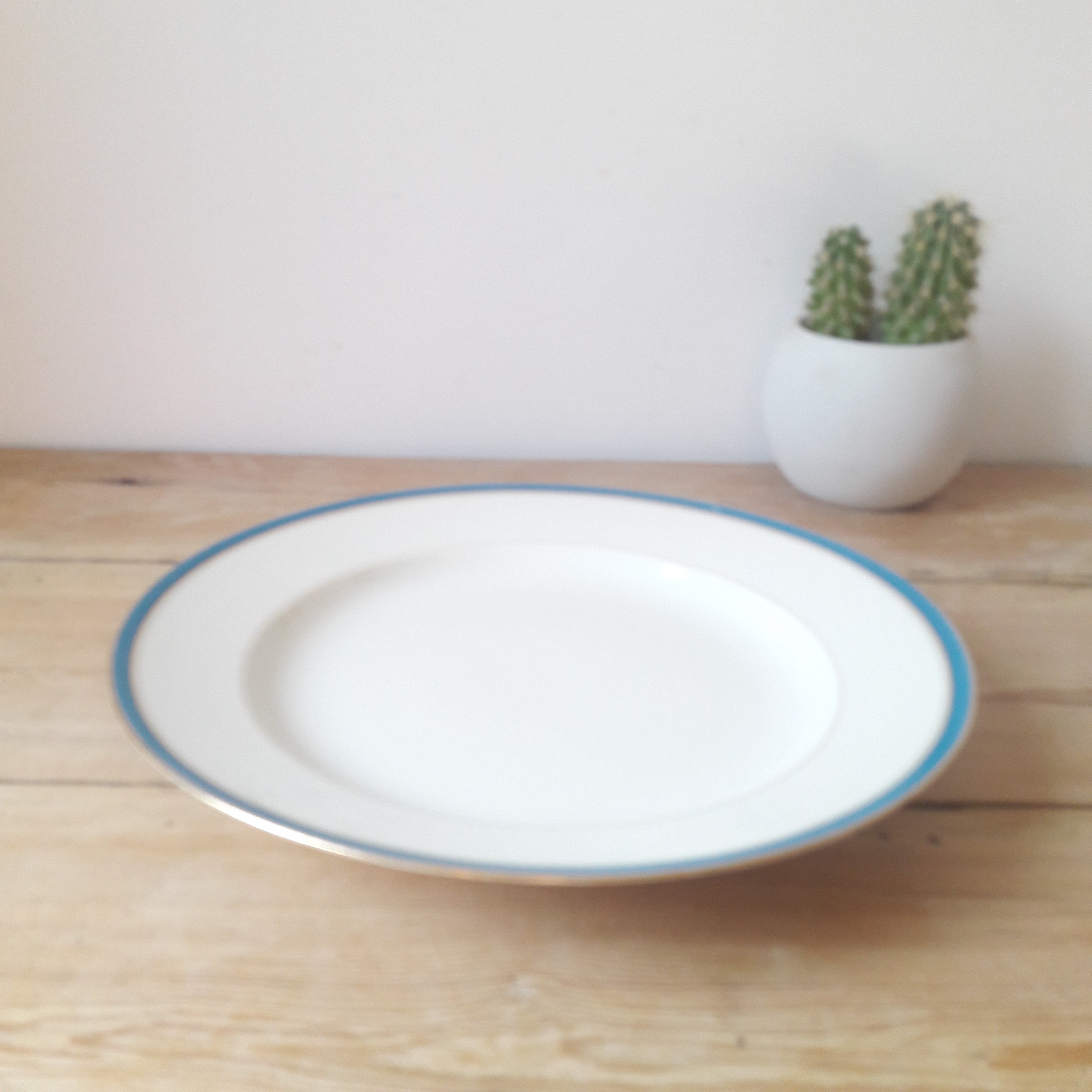 Francais Vintage/Grand Plat Rond Ancien/Légumier de Service/Porcelaine Blanche/Décor Bleu et Liseré