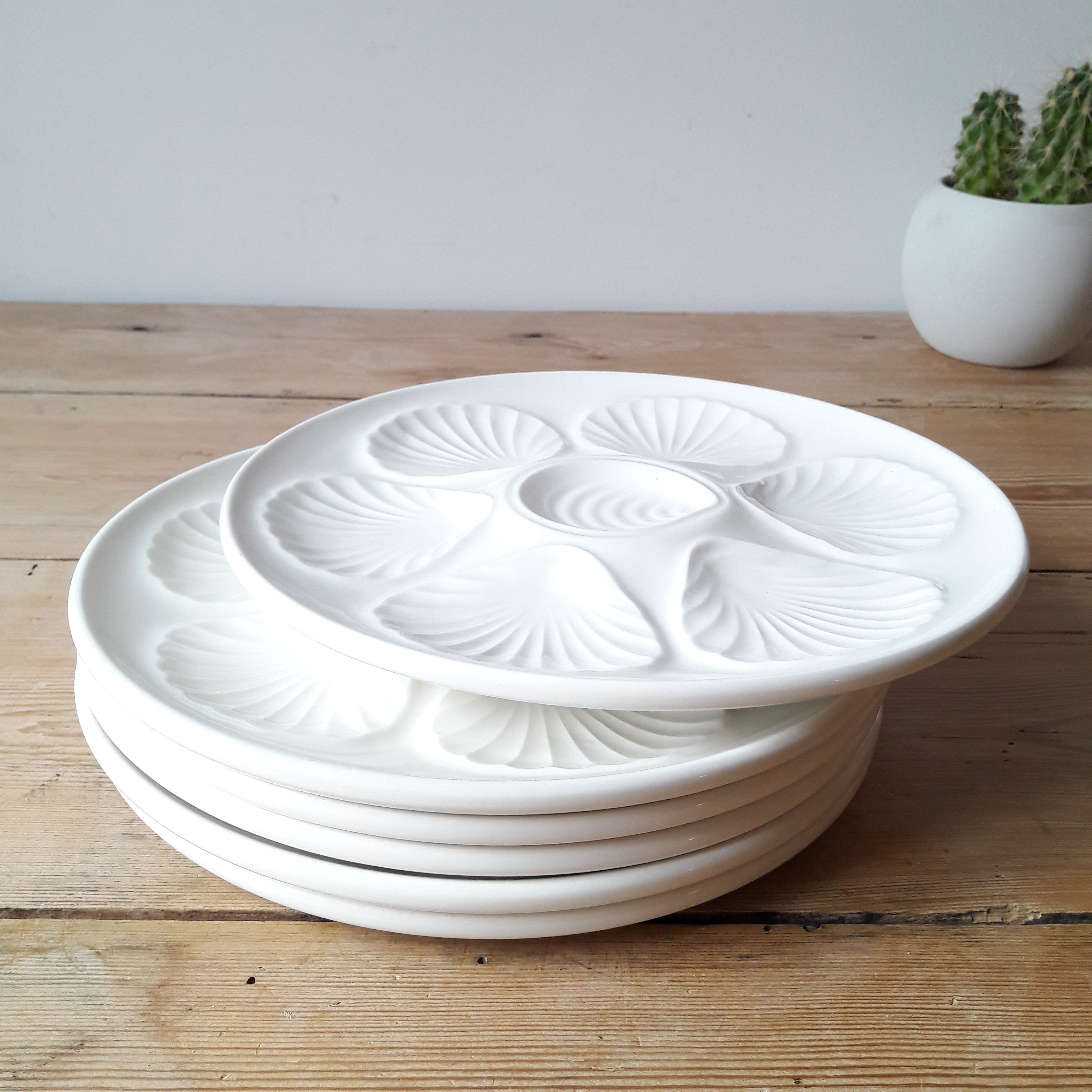 Assiettes A Huitres Vintages/Barbotine Blanche/Orchies Moulin Des Loups/Barbotine Coquillage/Lot de 