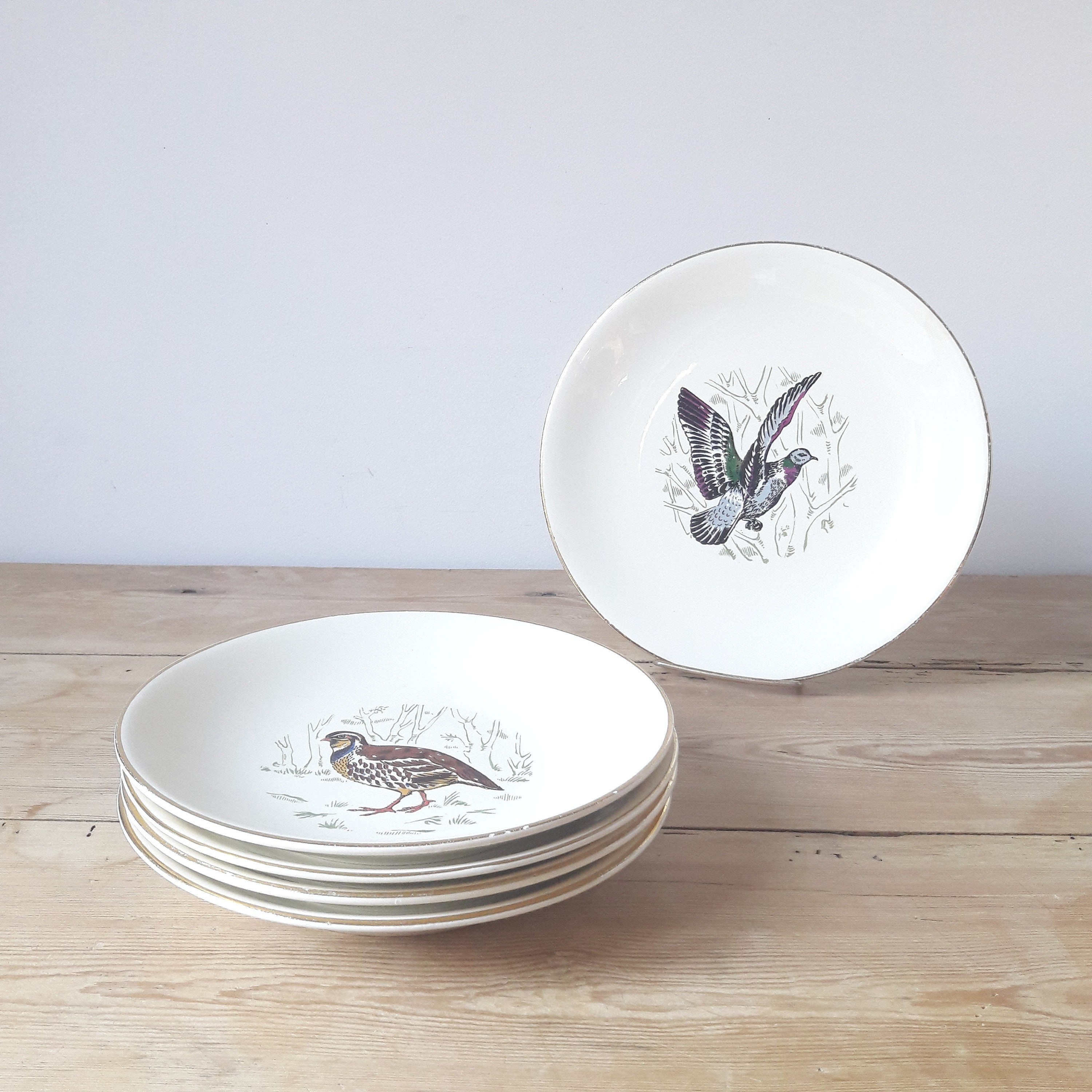 Francais Vintage/Assiettes Creuses Oiseaux/Porcelaine de Gien/Decor Doré et Polychrome Or/Lot 5/Fran