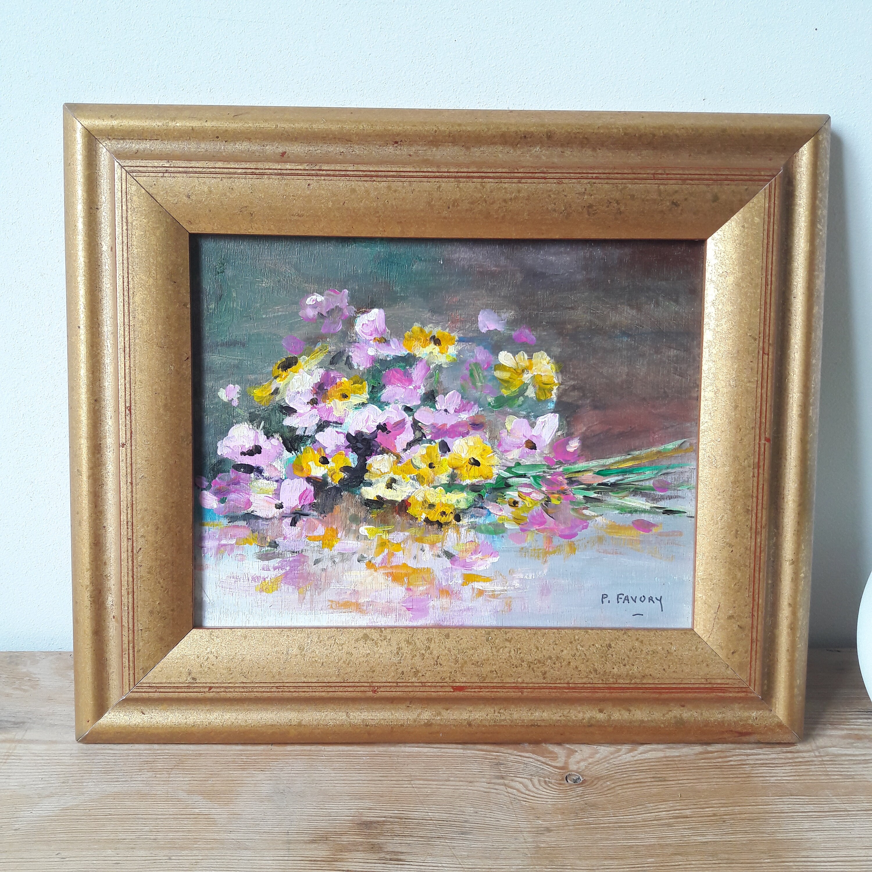 フランスヴィンテージ/ポール・ファボリ署名入り絵画/木に油彩/花束の