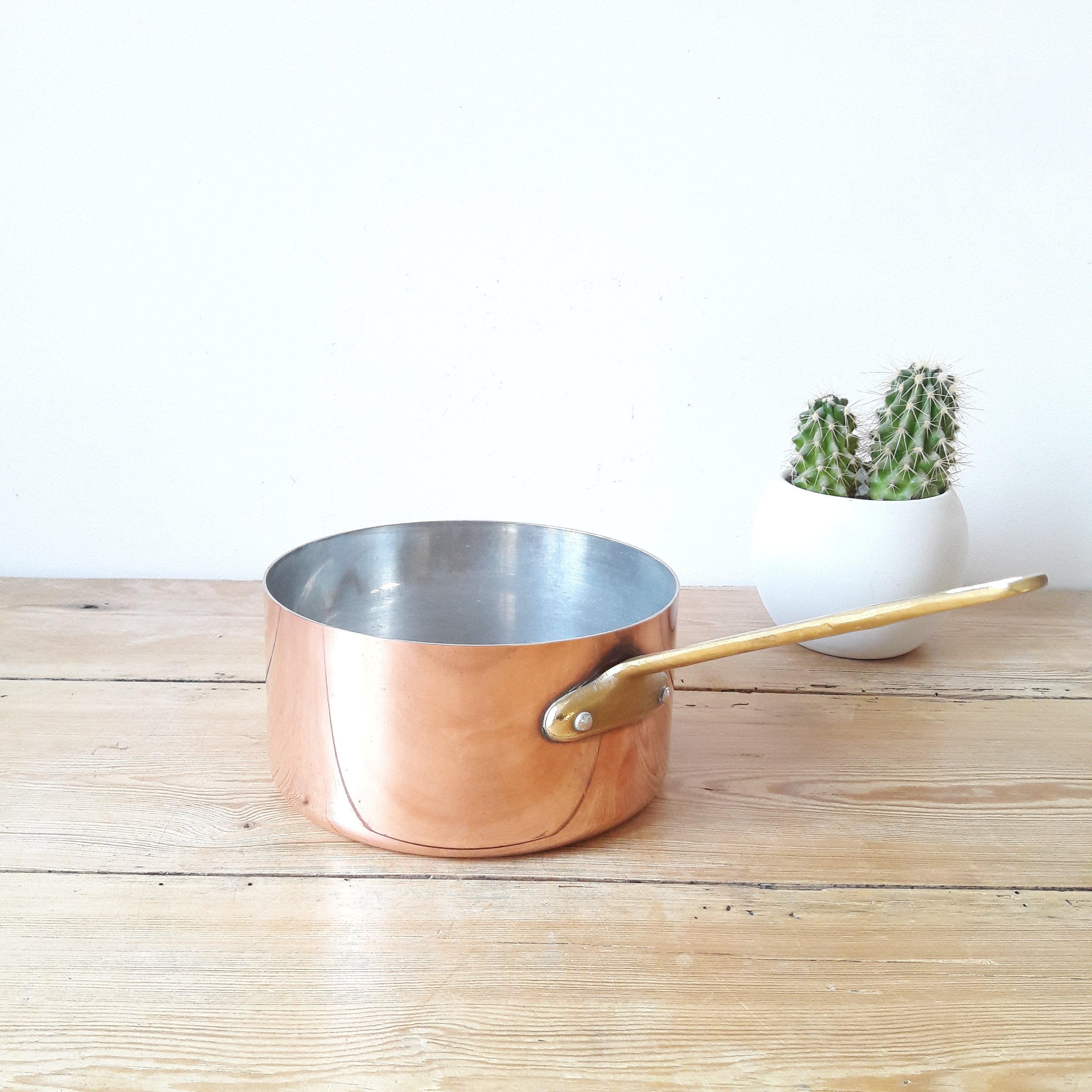 Casserole en Cuivre Vintage/Cuivre Étamé/Manche Laiton/France Années 60