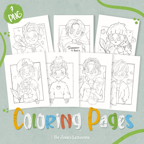Digital Coloring Pages Cute Doodle Boys | Etsy