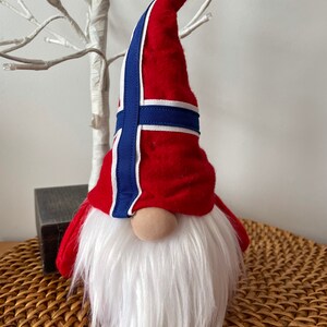 May include: A red and white gnome with a blue and white hat featuring the Norwegian flag. The gnome has a white beard and a red hat.