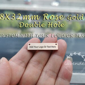 1/10/20/50/100 stks, 8 x 32 mm, roségoud dubbel gat-roestvrijstalen sieradenlabel, aangepaste merknaam en logo lasergegraveerd, A-L-0072-RG