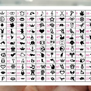 Peut inclure: Un tableau noir et blanc avec 120 cases num&eacute;rot&eacute;es, chacune contenant un symbole ou une ic&ocirc;ne diff&eacute;rent. Le tableau est un guide visuel de diff&eacute;rents symboles, avec les num&eacute;ros 1 &agrave; 120 list&eacute;s sur le c&ocirc;t&eacute; gauche et en haut.