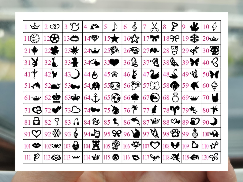 Peut inclure: Un tableau noir et blanc avec 120 cases num&eacute;rot&eacute;es, chacune contenant un symbole ou une ic&ocirc;ne diff&eacute;rent. Le tableau est un guide visuel de diff&eacute;rents symboles, avec les num&eacute;ros 1 &agrave; 120 list&eacute;s sur le c&ocirc;t&eacute; gauche et en haut.